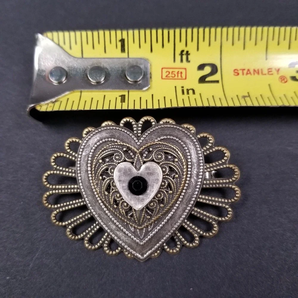 Jane Vintage‎ Heart Brooch Filigree Mixed Metal Black Rhinestone Whimsigoth Goth